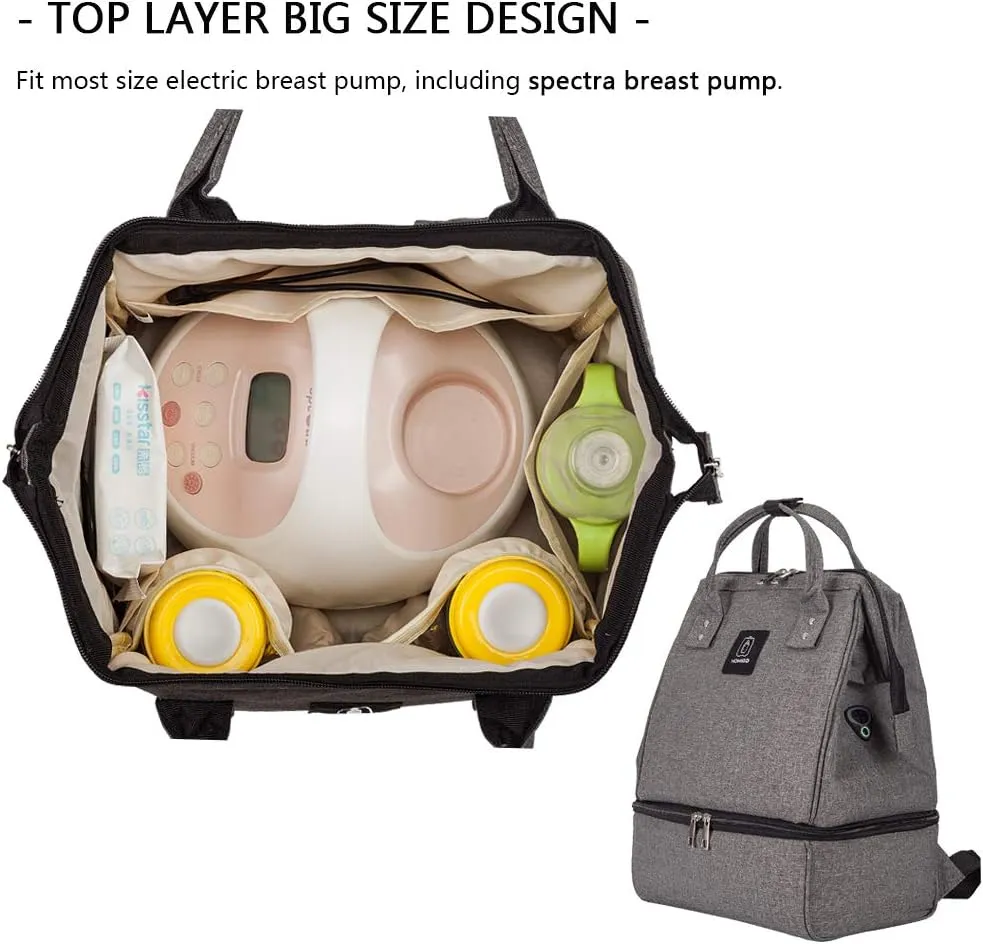 Breast Pump Backpack - Cooler and Moistureproof Bag Double Layer for Mother Outdoor Working Backpack with USB Charging Port, Large (Grey&Black)