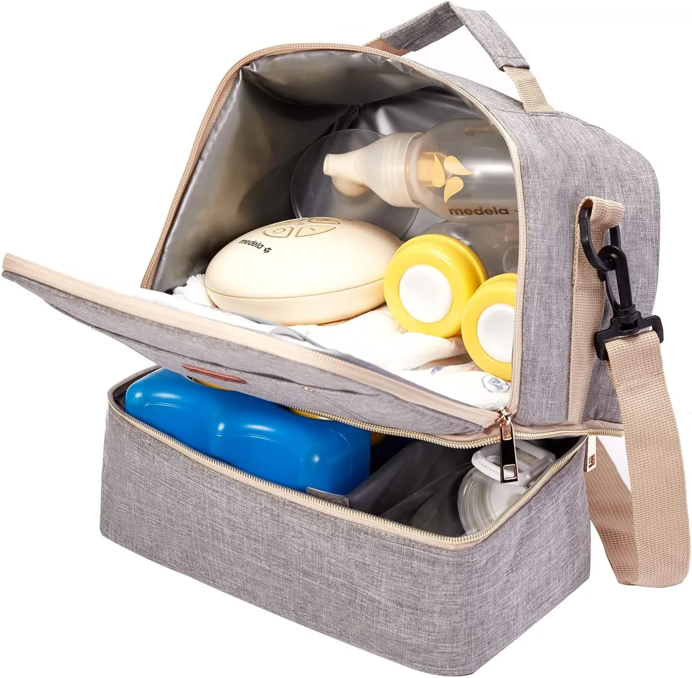 Breast Pump Bag Cooler Compartment Moistureproof Bag Double Layer for Mother Breast Milk Pump Lunch Bag Outdoor Working (Grey)