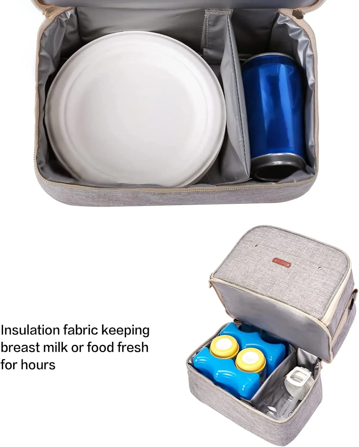 Breast Pump Bag Cooler Compartment Moistureproof Bag Double Layer for Mother Breast Milk Pump Lunch Bag Outdoor Working (Grey)