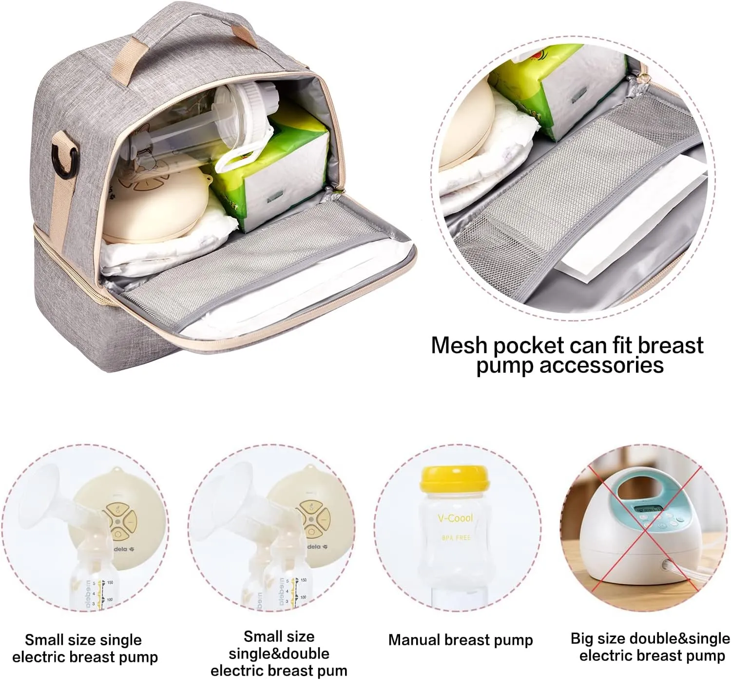 Breast Pump Bag Cooler Compartment Moistureproof Bag Double Layer for Mother Breast Milk Pump Lunch Bag Outdoor Working (Grey)