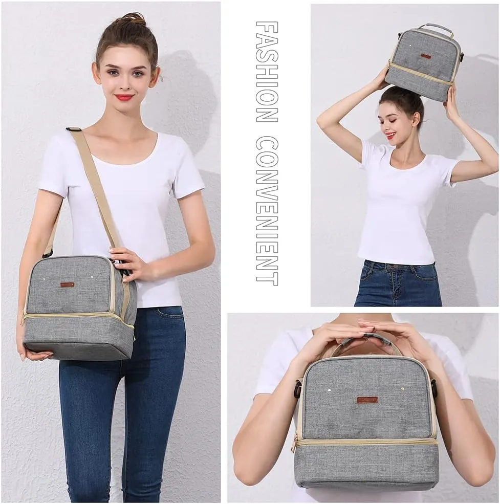 Breast Pump Bag Cooler Compartment Moistureproof Bag Double Layer for Mother Breast Milk Pump Lunch Bag Outdoor Working (Grey)