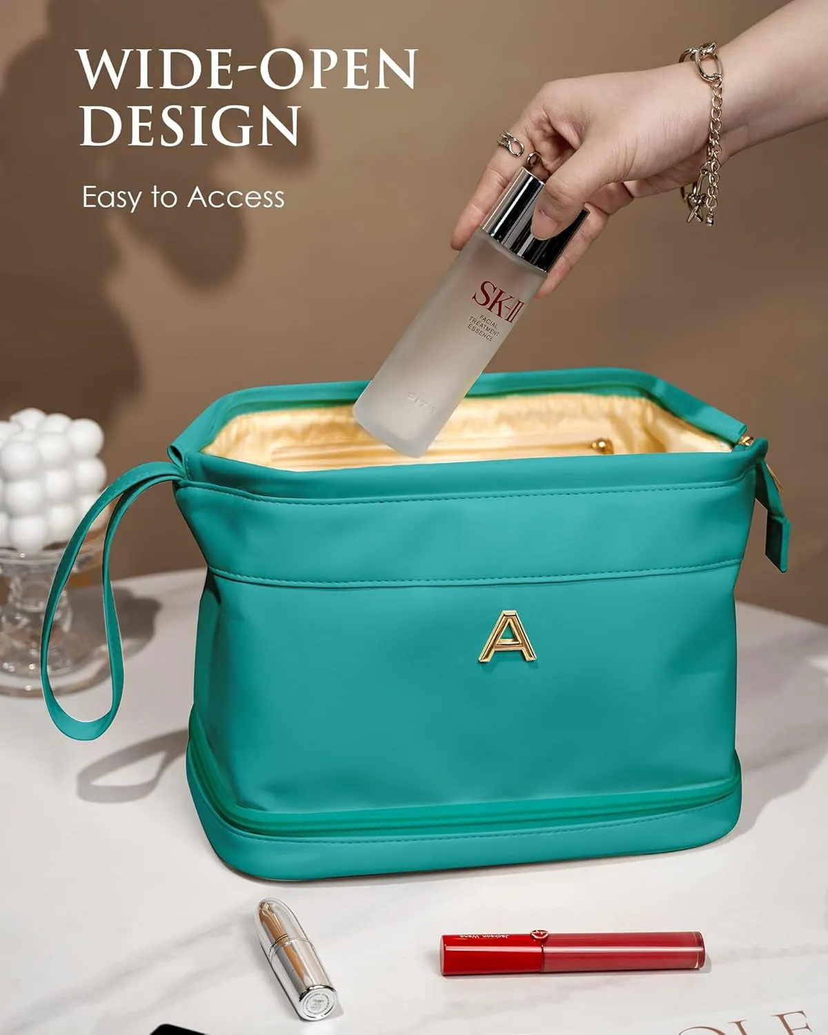 Bridal Gifts, Birthday Gift for Her, Makeup Bags, Waterproof Double Layer Cosmetic Bag, Large Capacity PU Leather Makeup Bags Letter Travel Toiletry Bag, Initial Gifts for Coworkers