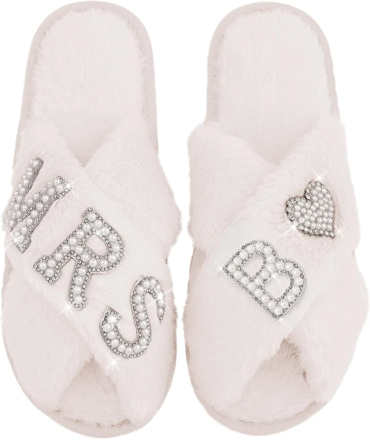 Bride Slippers for Wedding Day, Bride To Be Bridal Shower Gift for Women Bridesmaids, Personalized Initial MRS Pearl Letter Open Toe Fuzzy Flip Flops, Getting Ready Outfit, Bachelorette Party