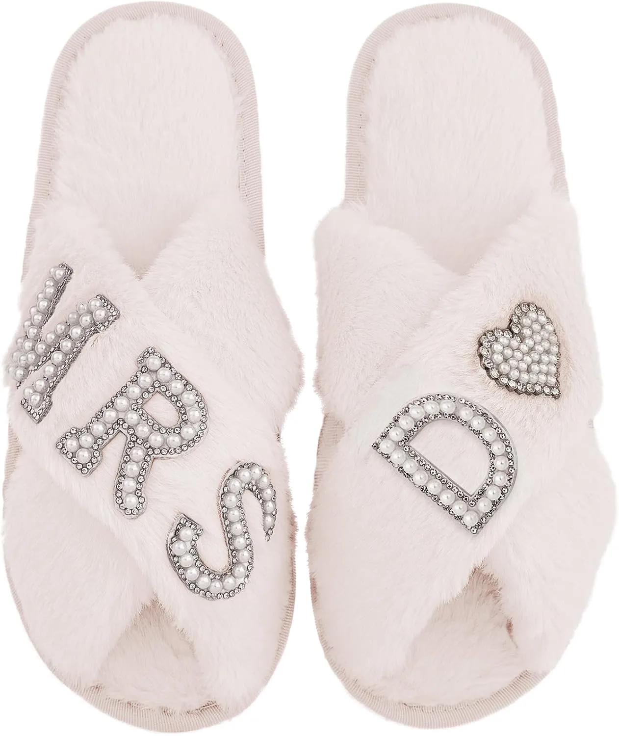 Bride Slippers for Wedding Day, Bride To Be Bridal Shower Gift for Women Bridesmaids, Personalized Initial MRS Pearl Letter Open Toe Fuzzy Flip Flops, Getting Ready Outfit, Bachelorette Party