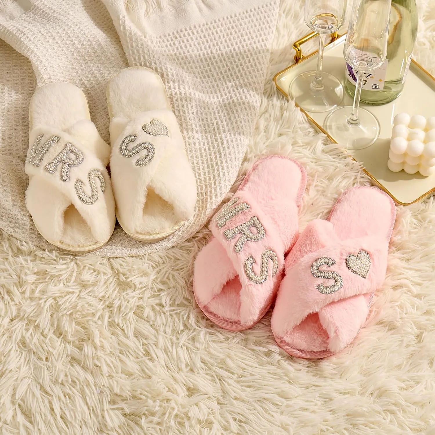 Bride Slippers for Wedding Day, Bride To Be Bridal Shower Gift for Women Bridesmaids, Personalized Initial MRS Pearl Letter Open Toe Fuzzy Flip Flops, Getting Ready Outfit, Bachelorette Party