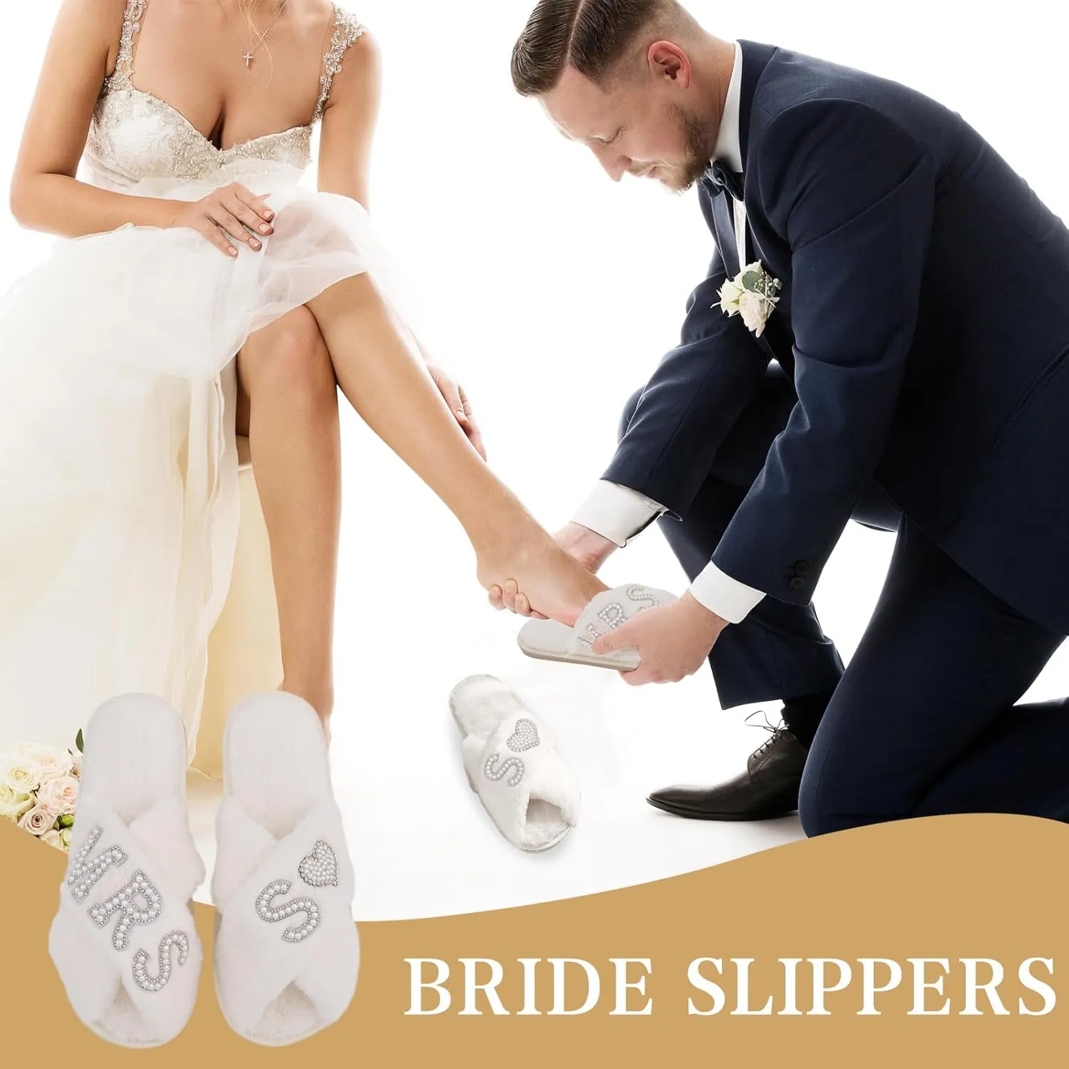 Bride Slippers for Wedding Day, Bride To Be Bridal Shower Gift for Women Bridesmaids, Personalized Initial MRS Pearl Letter Open Toe Fuzzy Flip Flops, Getting Ready Outfit, Bachelorette Party