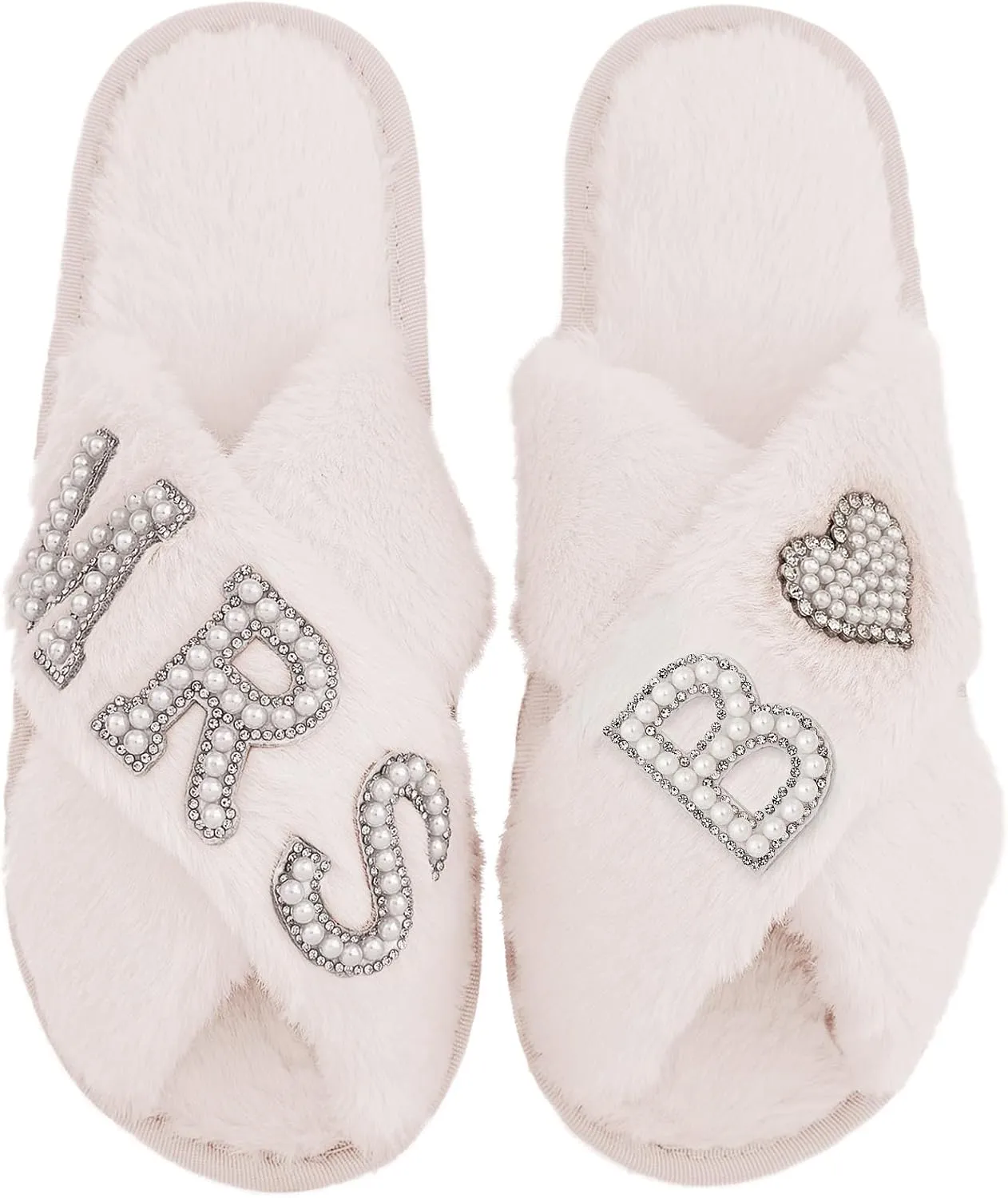 Bride Slippers for Wedding Day, Bride To Be Bridal Shower Gift for Women Bridesmaids, Personalized Initial MRS Pearl Letter Open Toe Fuzzy Flip Flops, Getting Ready Outfit, Bachelorette Party