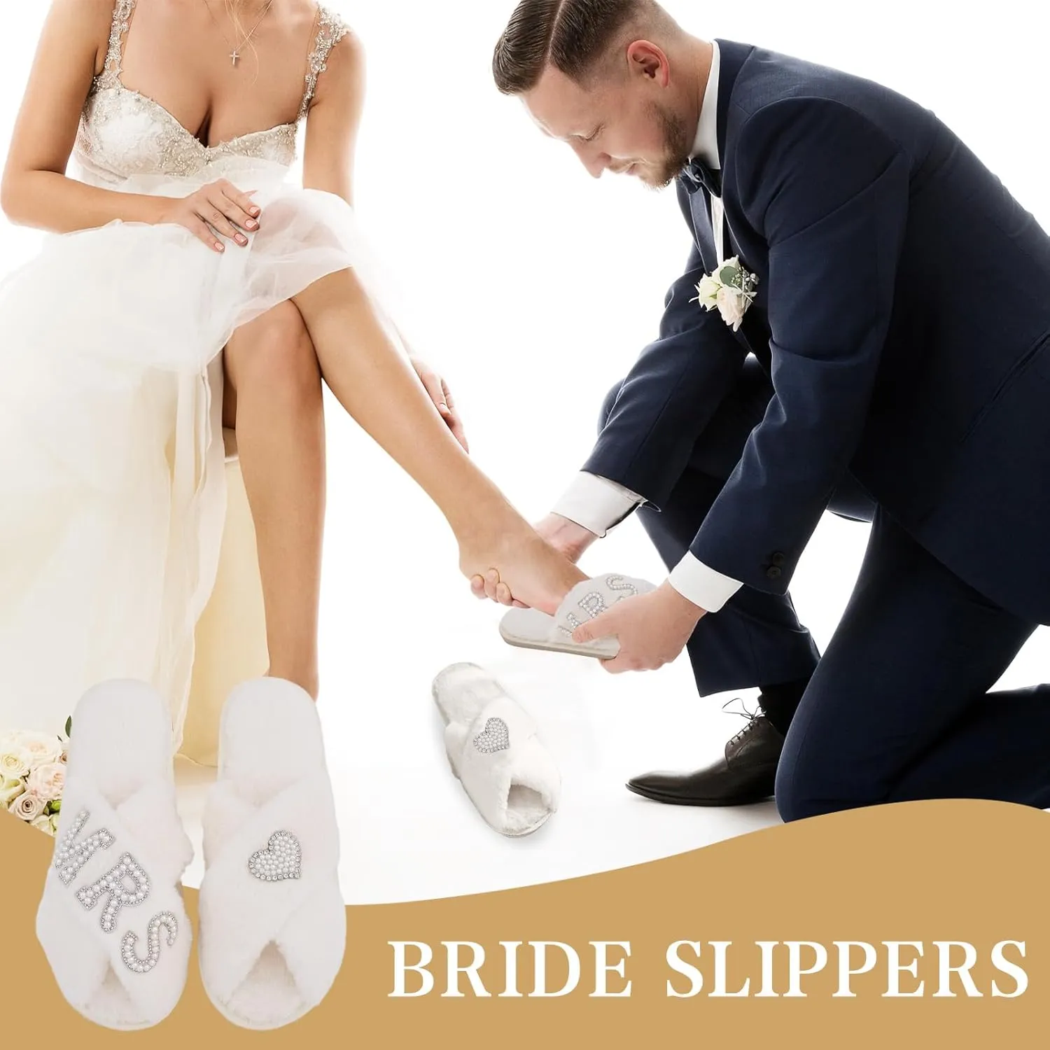Bride Slippers for Wedding Day, Bride To Be Bridal Shower Gift for Women Bridesmaids, Personalized MRS Heart Pearl Letter Open Toe Fuzzy Flip Flops, Getting Ready Outfit, Bachelorette Party