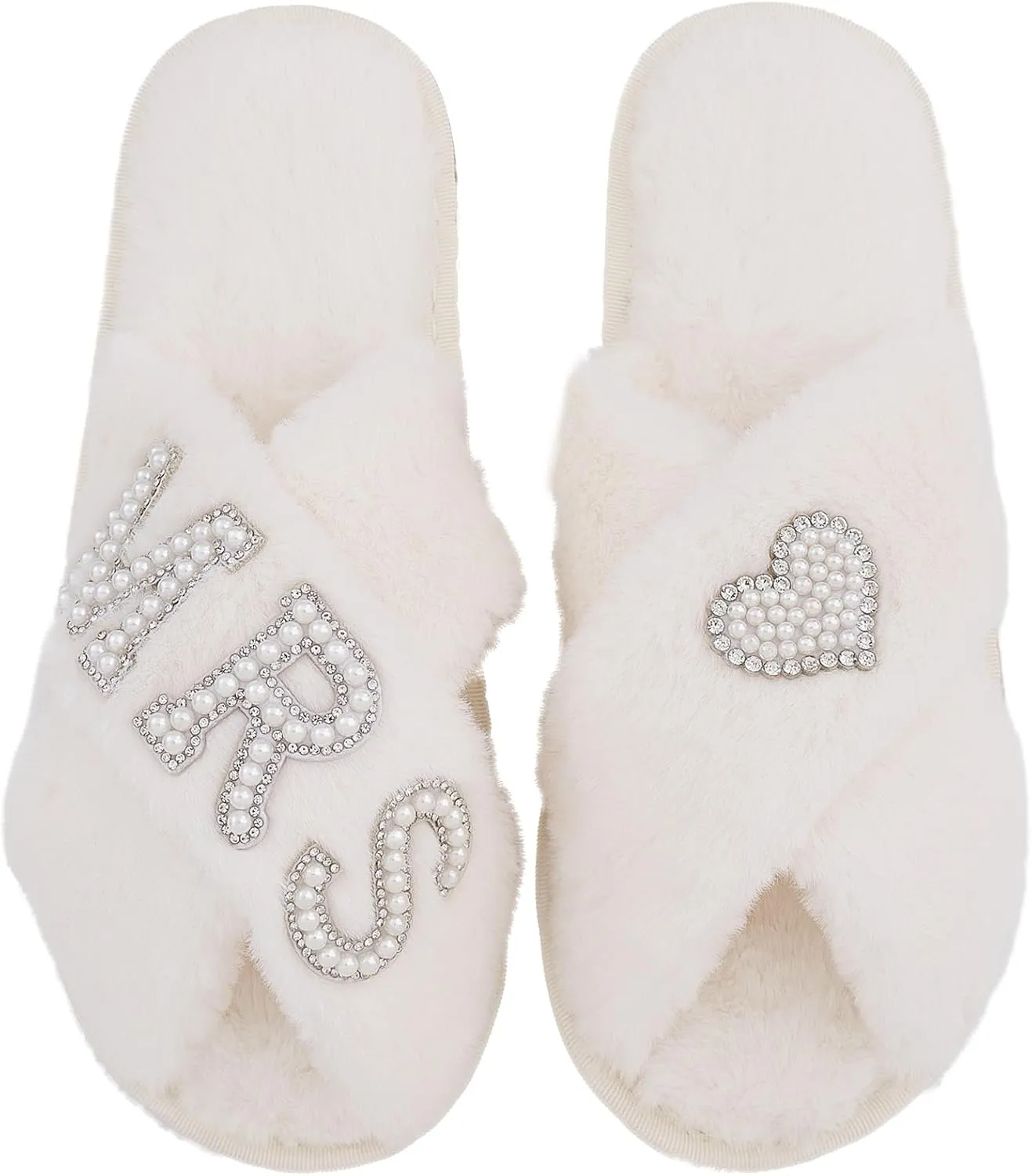 Bride Slippers for Wedding Day, Bride To Be Bridal Shower Gift for Women Bridesmaids, Personalized MRS Heart Pearl Letter Open Toe Fuzzy Flip Flops, Getting Ready Outfit, Bachelorette Party