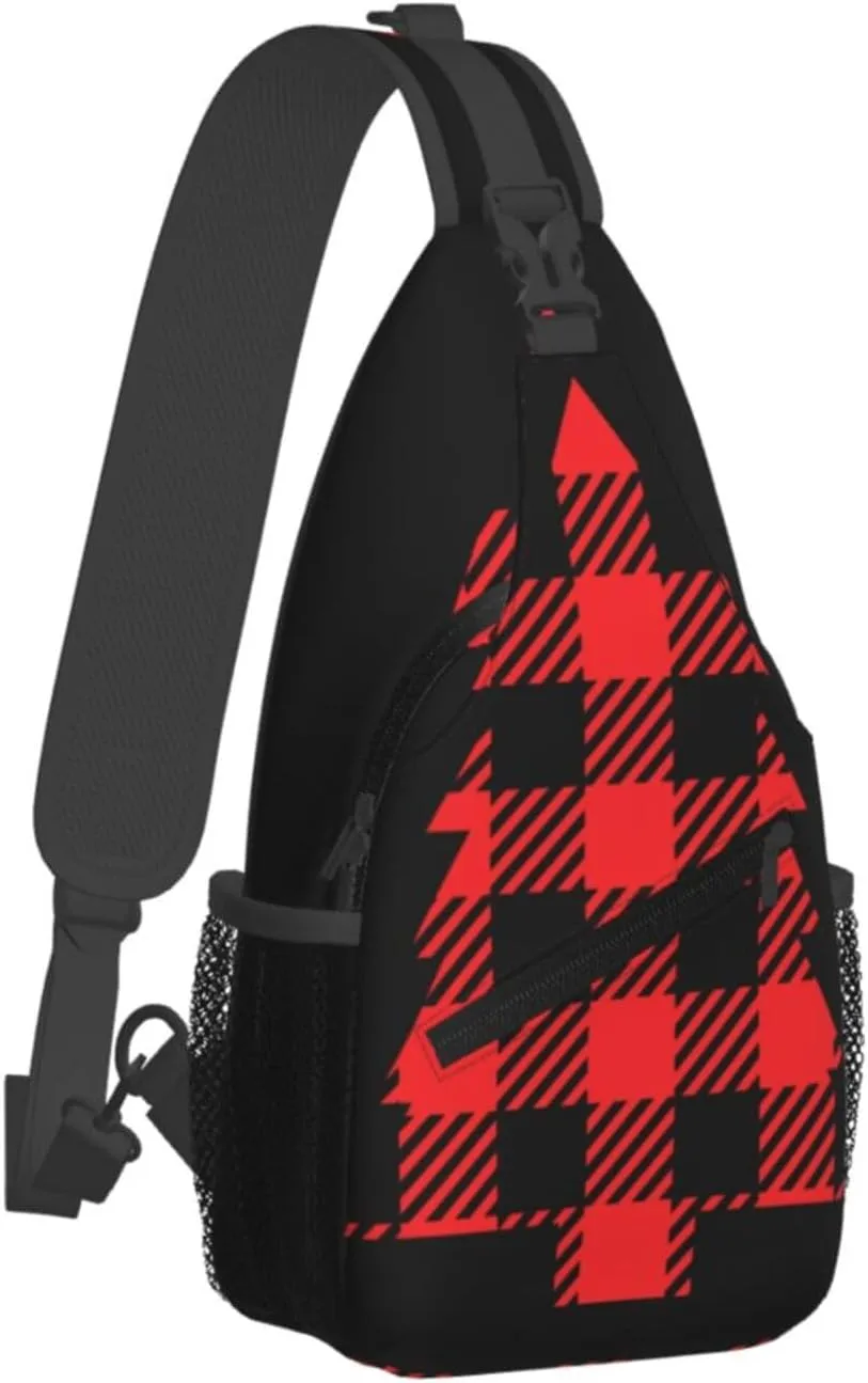 Buffalo Plaid Christmas Tree Crossbody Bag Cross Chest Bag Adjustable Sling Backpack Sports Gym Shoulder Bags Travel Cycling Daypack Diagonally Casual Rucksack