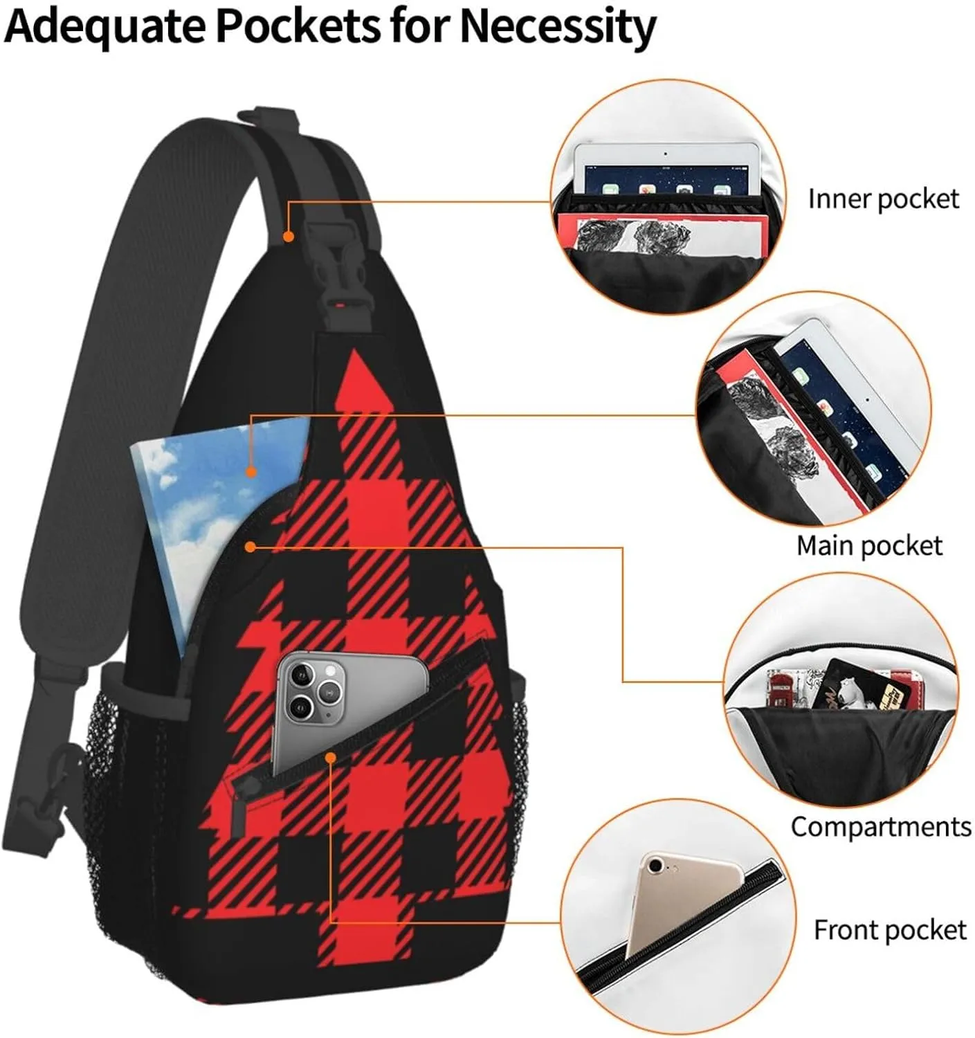 Buffalo Plaid Christmas Tree Crossbody Bag Cross Chest Bag Adjustable Sling Backpack Sports Gym Shoulder Bags Travel Cycling Daypack Diagonally Casual Rucksack