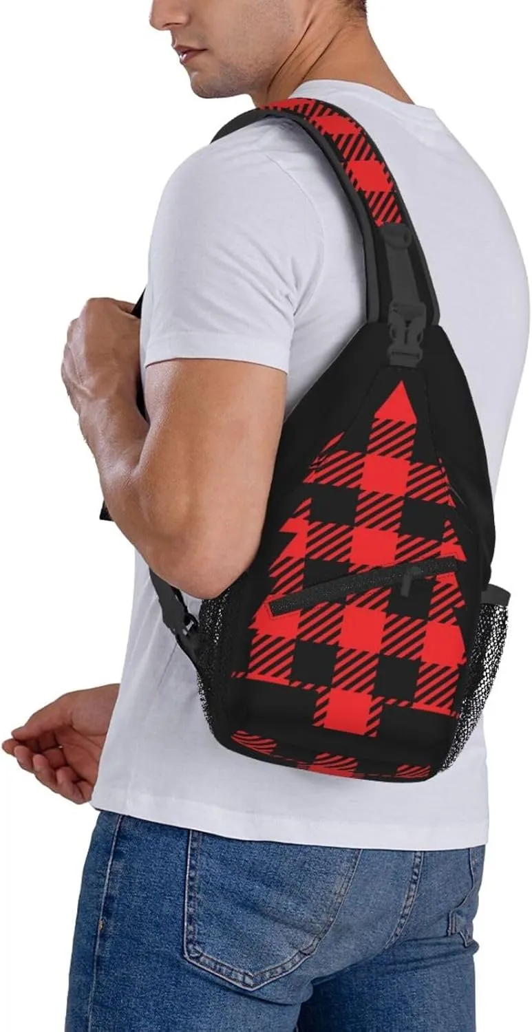 Buffalo Plaid Christmas Tree Crossbody Bag Cross Chest Bag Adjustable Sling Backpack Sports Gym Shoulder Bags Travel Cycling Daypack Diagonally Casual Rucksack