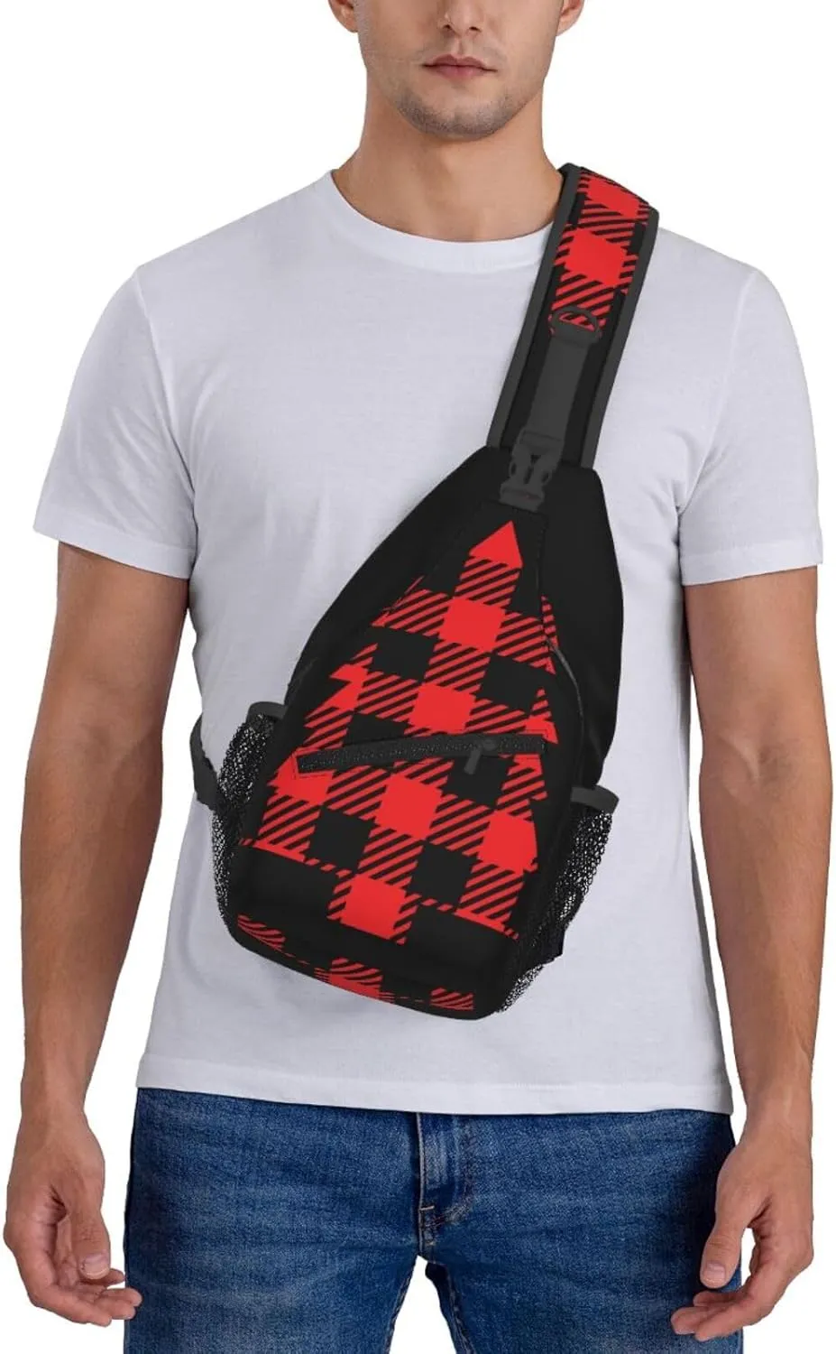 Buffalo Plaid Christmas Tree Crossbody Bag Cross Chest Bag Adjustable Sling Backpack Sports Gym Shoulder Bags Travel Cycling Daypack Diagonally Casual Rucksack