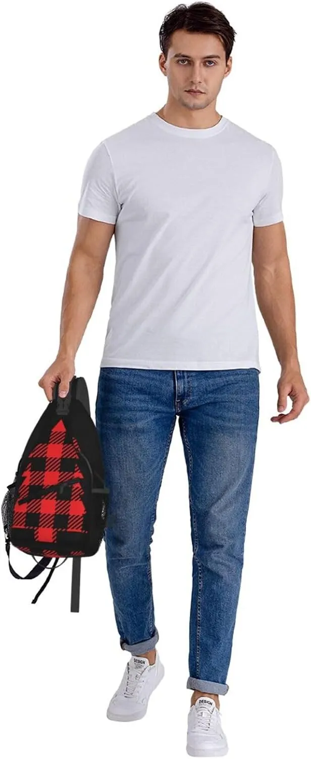 Buffalo Plaid Christmas Tree Crossbody Bag Cross Chest Bag Adjustable Sling Backpack Sports Gym Shoulder Bags Travel Cycling Daypack Diagonally Casual Rucksack