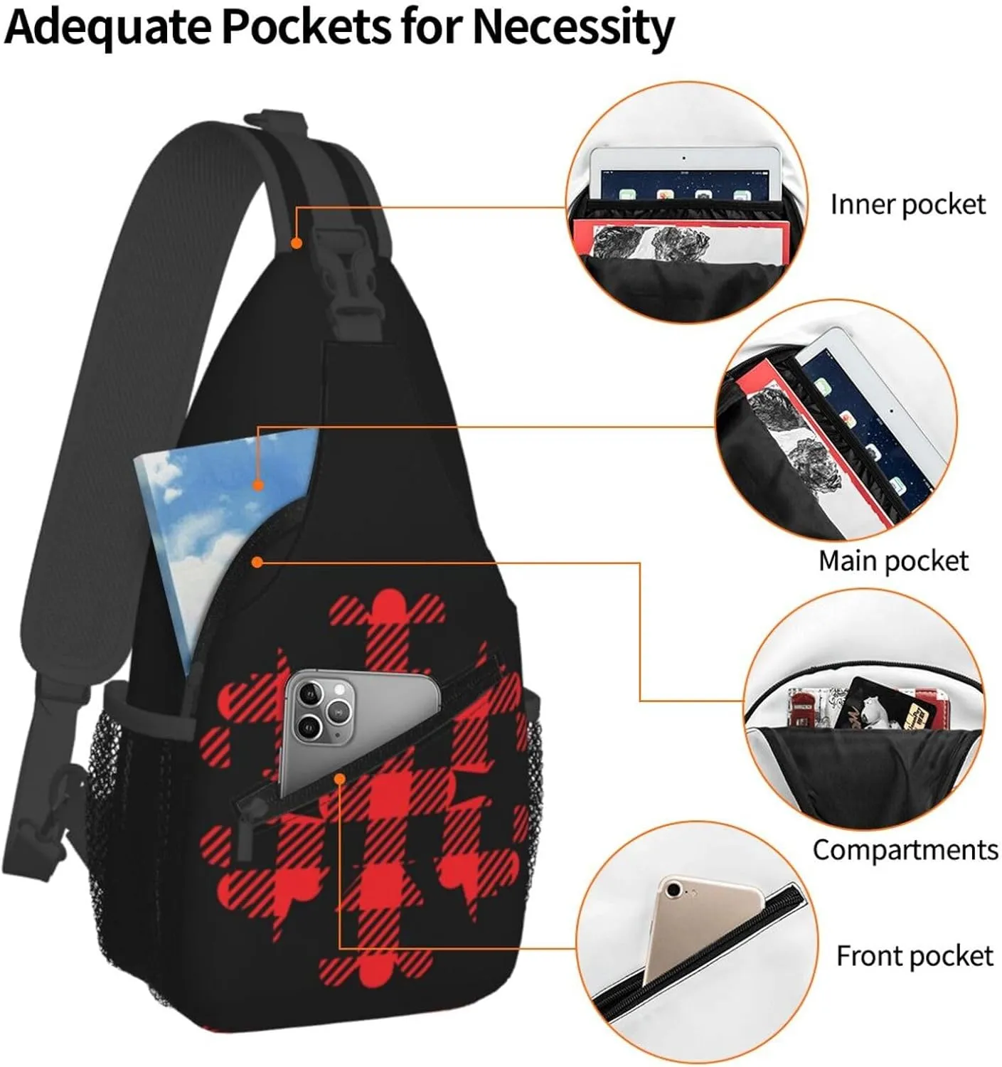 Buffalo Plaid Snowflake Crossbody Bag Cross Chest Bag Adjustable Sling Backpack Sports Gym Shoulder Bags Travel Cycling Daypack Diagonally Casual Rucksack