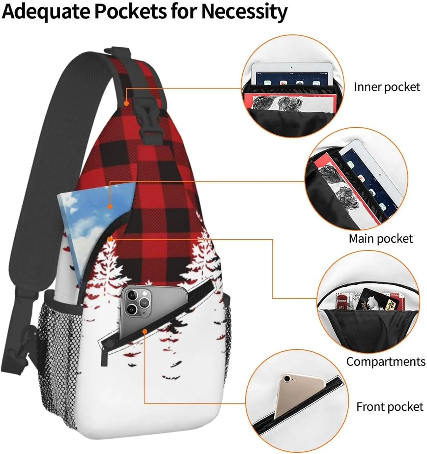 Buffalo Red Plaid White Pines Crossbody Bag Cross Chest Bag Adjustable Sling Backpack Sports Gym Shoulder Bags Travel Cycling Daypack Diagonally Casual Rucksack