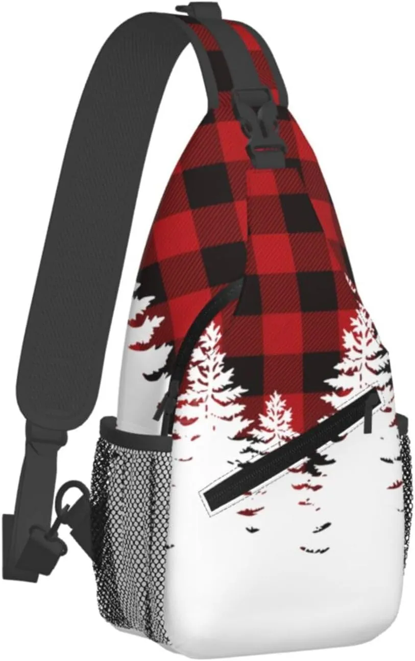 Buffalo Red Plaid White Pines Crossbody Bag Cross Chest Bag Adjustable Sling Backpack Sports Gym Shoulder Bags Travel Cycling Daypack Diagonally Casual Rucksack
