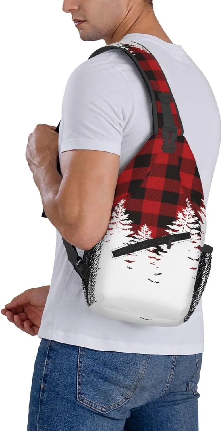 Buffalo Red Plaid White Pines Crossbody Bag Cross Chest Bag Adjustable Sling Backpack Sports Gym Shoulder Bags Travel Cycling Daypack Diagonally Casual Rucksack