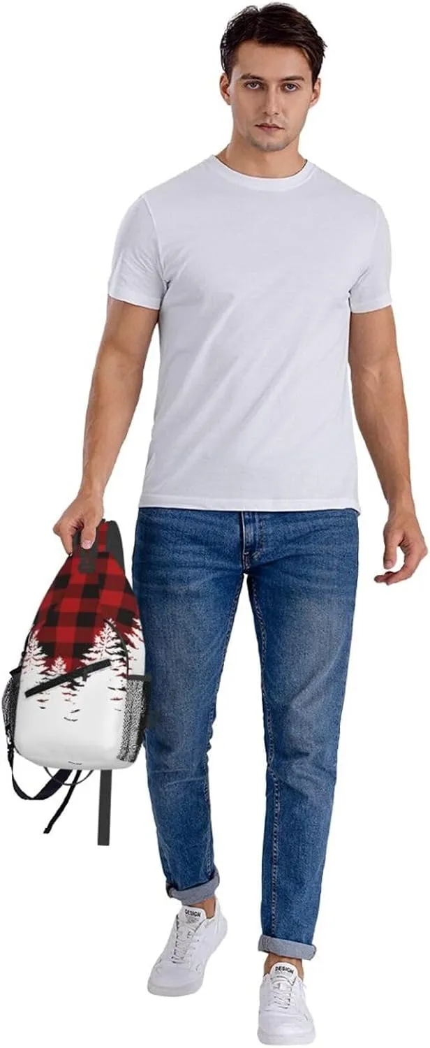 Buffalo Red Plaid White Pines Crossbody Bag Cross Chest Bag Adjustable Sling Backpack Sports Gym Shoulder Bags Travel Cycling Daypack Diagonally Casual Rucksack