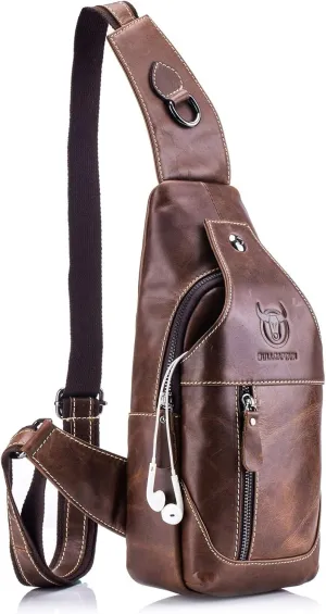 BULLCAPTAIN Genuine Leather Men Bags Shoulder Sling Crossbody Bag Casual Mens Chest Bag Travel Hiking Backpack(Brown)