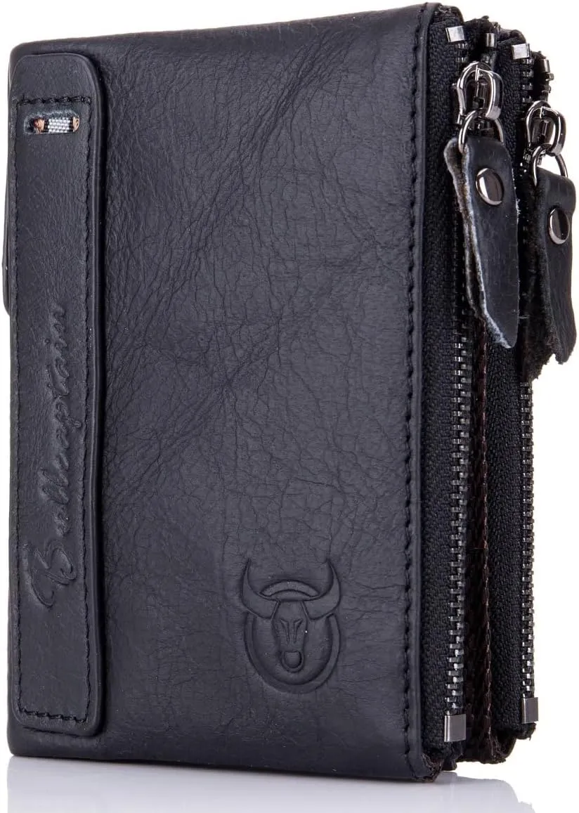 BULLCAPTAIN Genuine Leather Wallet for Men Vintage Bifold with Double Zipper Pockets (Black)