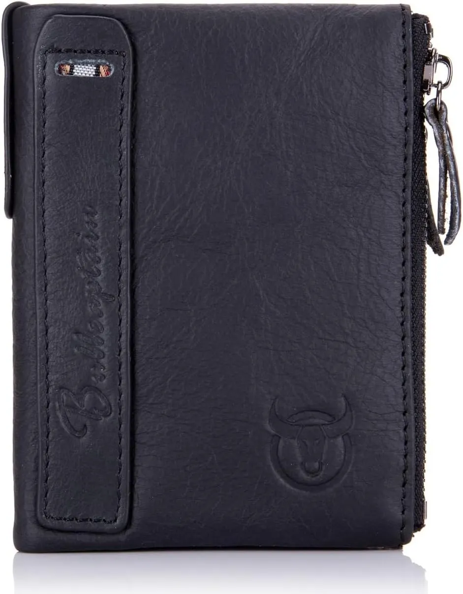 BULLCAPTAIN Genuine Leather Wallet for Men Vintage Bifold with Double Zipper Pockets (Black)