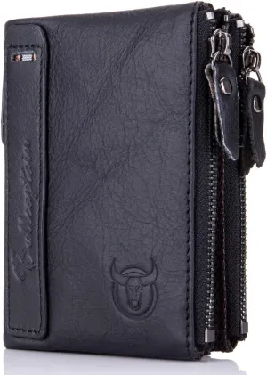 BULLCAPTAIN Genuine Leather Wallet for Men Vintage Bifold with Double Zipper Pockets (Black)