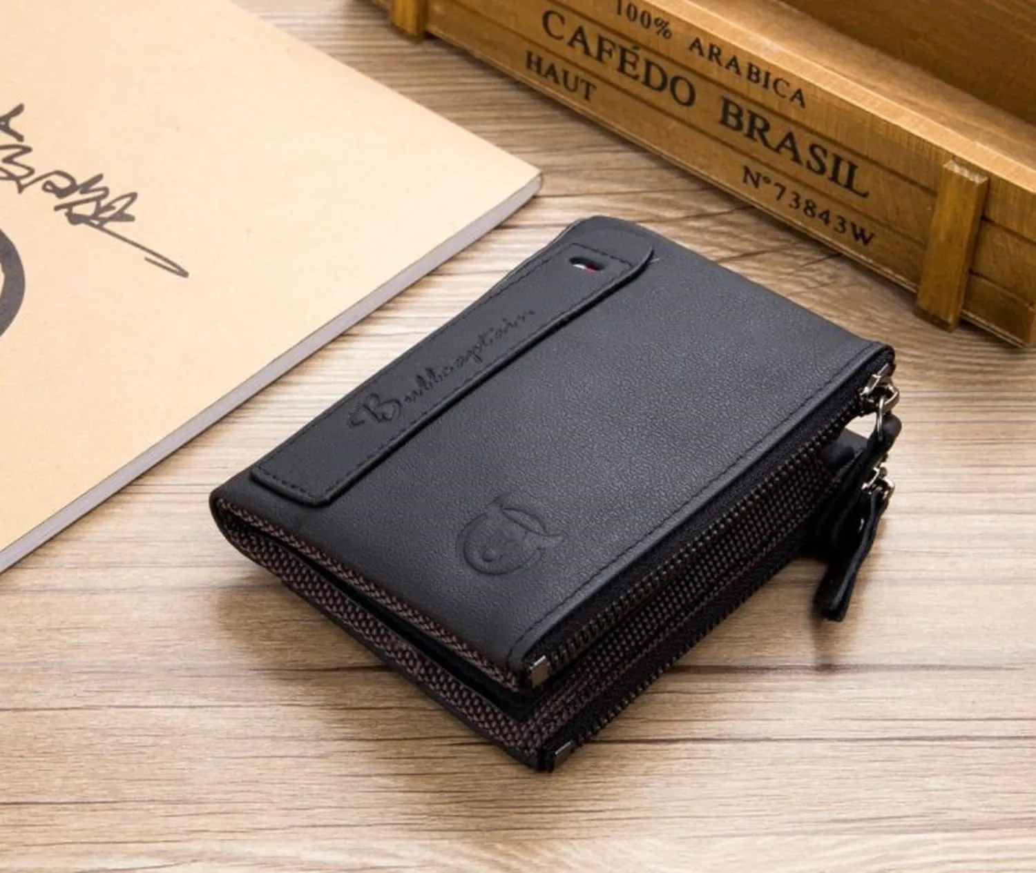BULLCAPTAIN Genuine Leather Wallet for Men Vintage Bifold with Double Zipper Pockets (Black)