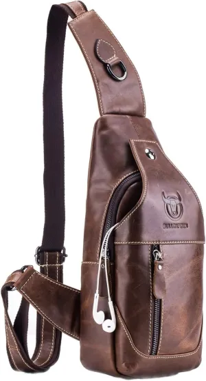 BULLCAPTAIN Leather Men's Sling Backpack Multi-pocket Crossbody Chest Bags Travel Casual Backpack with Earphone Hole (Brown)