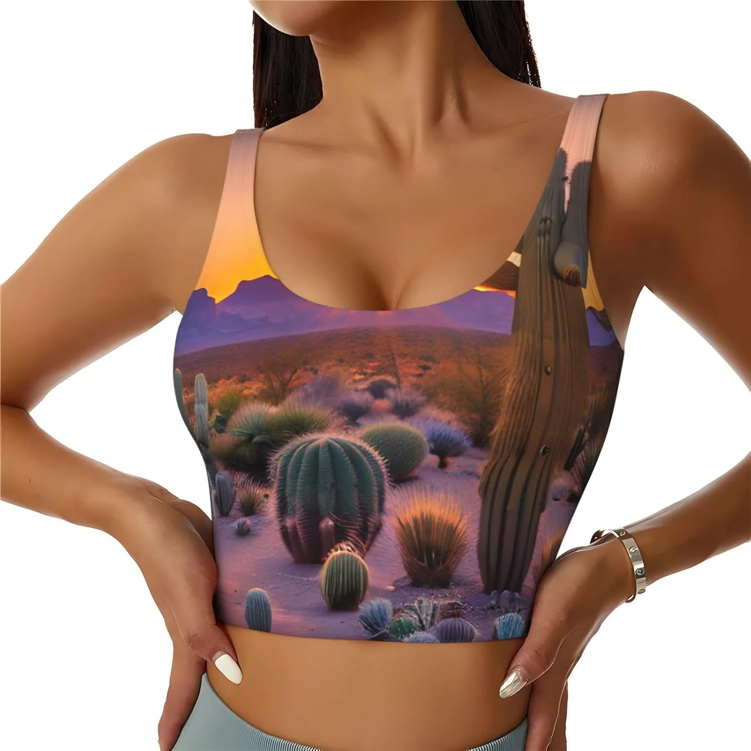 Cactus Desert Sunsets Print Sports Bras for Women,Workout Tops with Built-in Bra,for High Impact Activities
