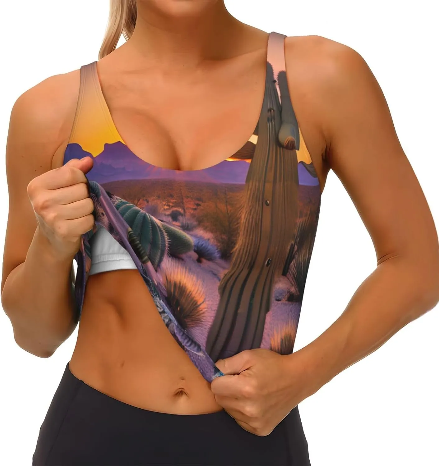 Cactus Desert Sunsets Print Sports Bras for Women,Workout Tops with Built-in Bra,for High Impact Activities