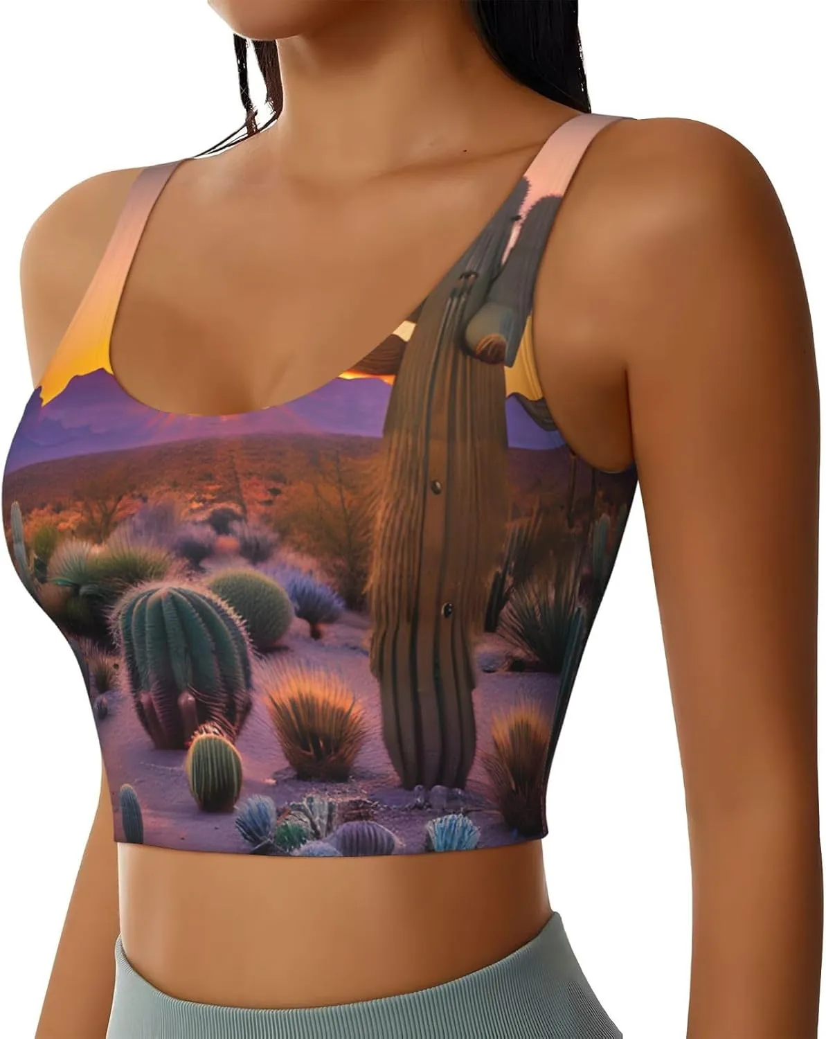 Cactus Desert Sunsets Print Sports Bras for Women,Workout Tops with Built-in Bra,for High Impact Activities