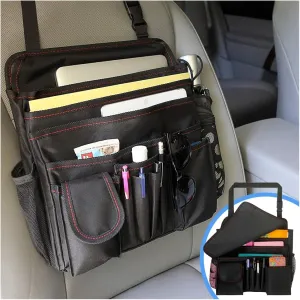 Car Front Seat Organizer, Car Backseat Organizer with Adjustable Shoulder Strap, Passenger Seat File Bag with Dedicated Laptop Tablet Holder Cup Holder for Car Law Enforcement (Black with Red Line)