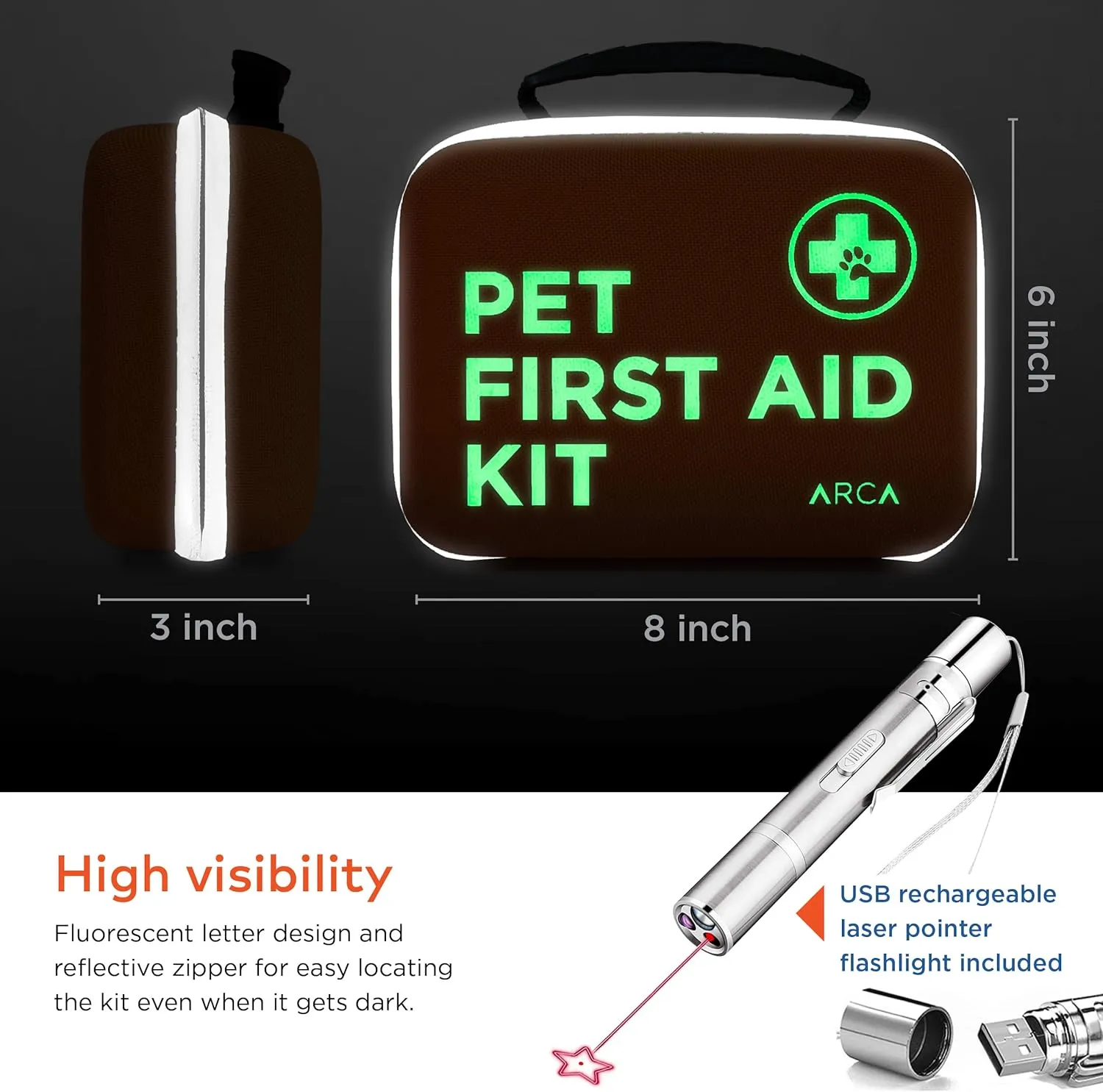 Cat & Dog First Aid Kit - High Visibility Reflective Zipper with Fluorescent Letter Print - 108 pcs with Dog Thermometer, Emergency Card & Pet First Aid Kit Manual Book