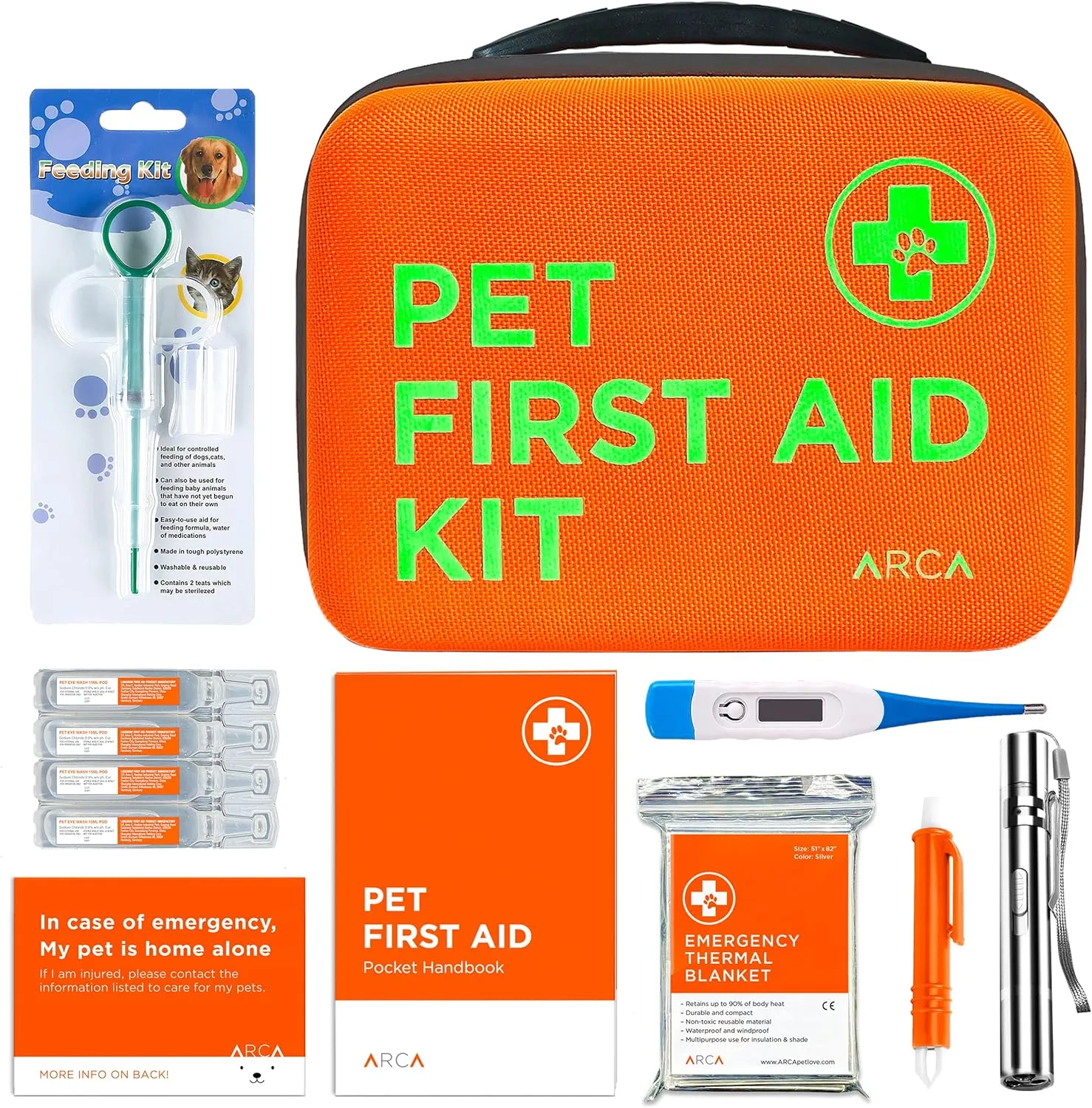 Cat & Dog First Aid Kit - High Visibility Reflective Zipper with Fluorescent Letter Print - 108 pcs with Dog Thermometer, Emergency Card & Pet First Aid Kit Manual Book