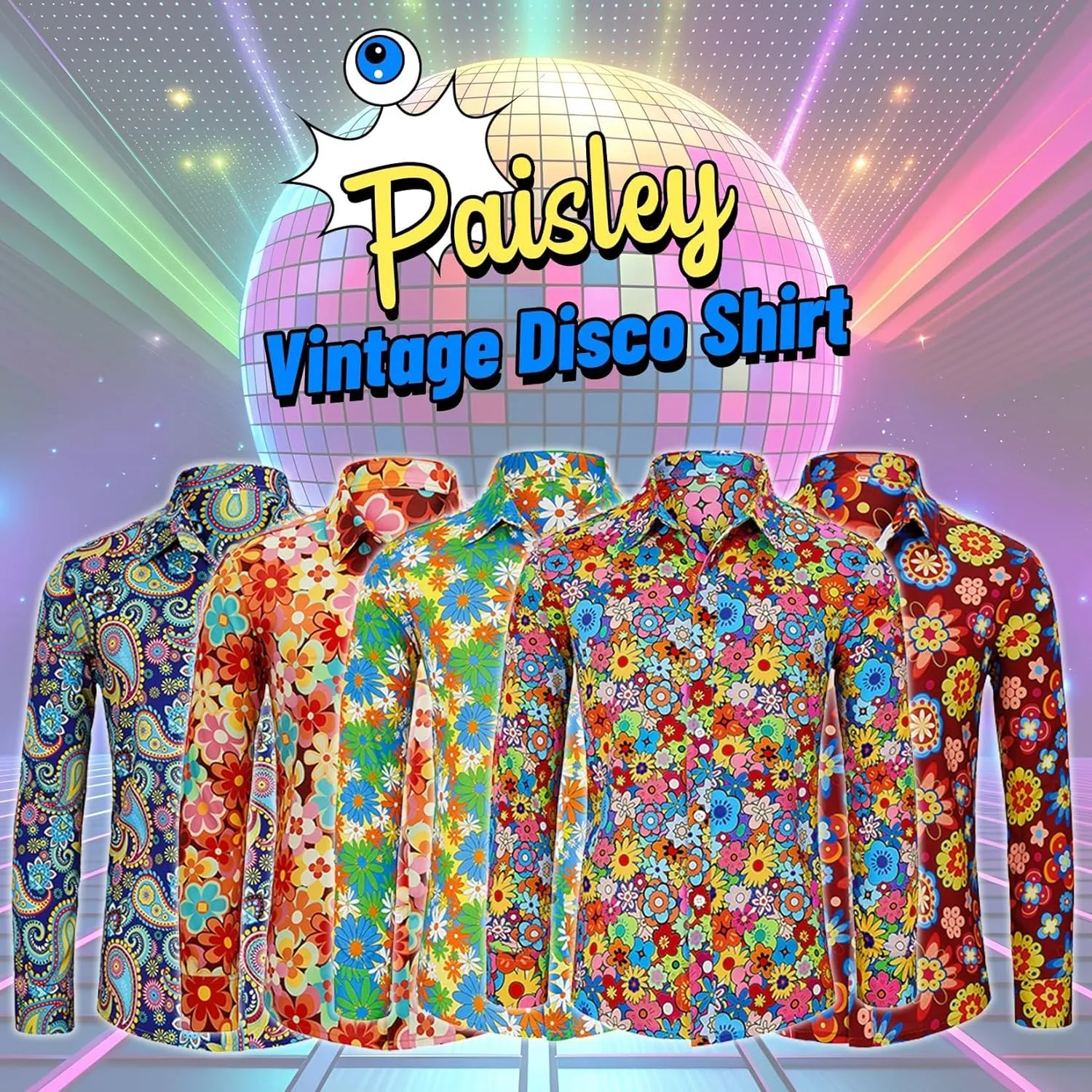 Century Star 70s Mens Disco Shirts Paisley Floral Shirt Outfits Casual Long Sleeve Button Down Funny Shirts for Men
