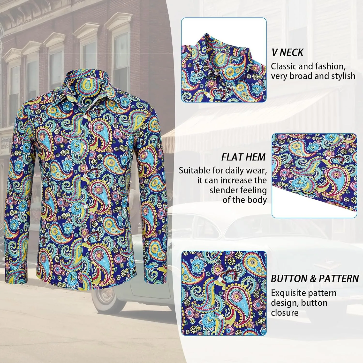Century Star 70s Mens Disco Shirts Paisley Floral Shirt Outfits Casual Long Sleeve Button Down Funny Shirts for Men