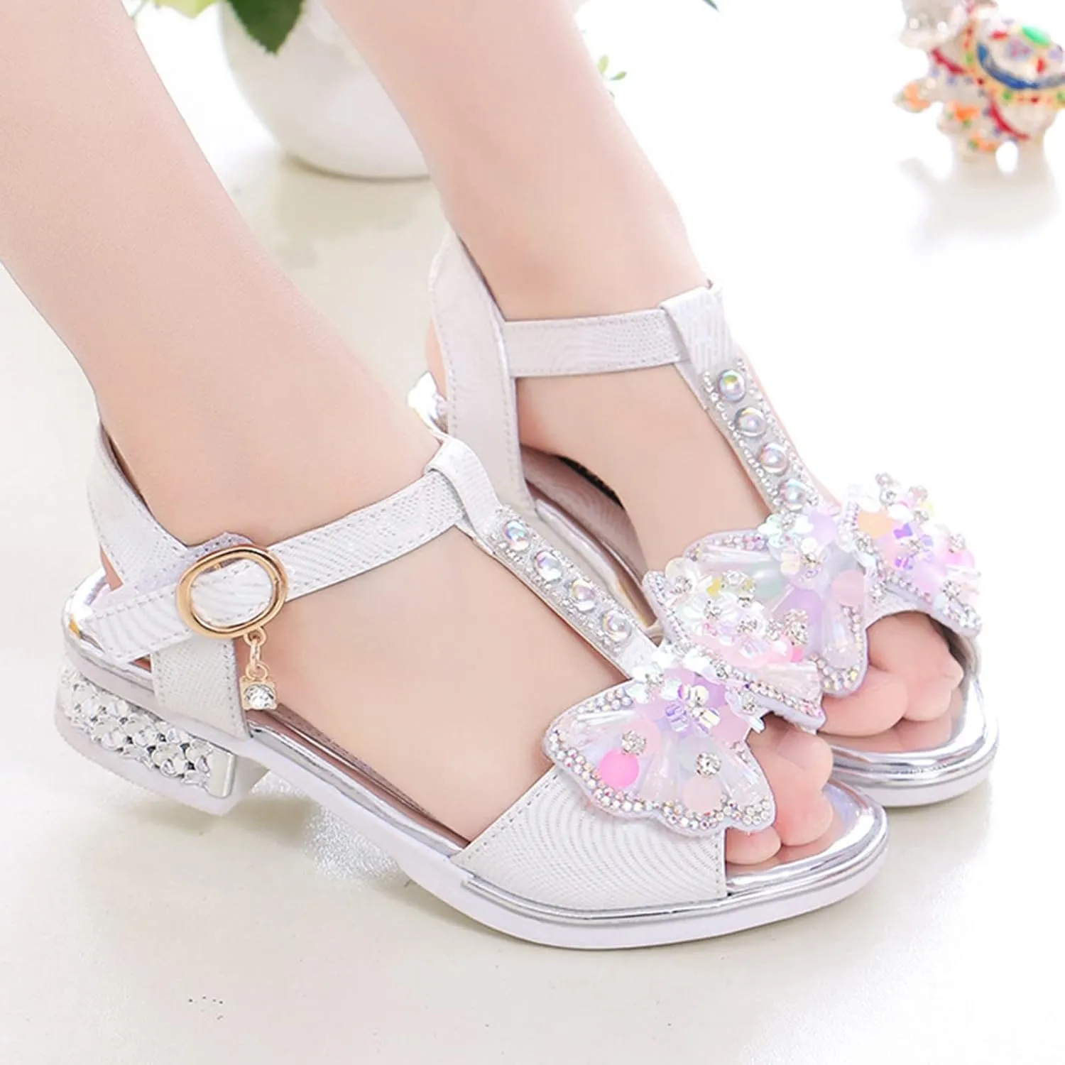 Children Shoes Diamond Butterfly Sandals Summer Fashion Thick Soles Open Toe Student Dance Princess Shoes