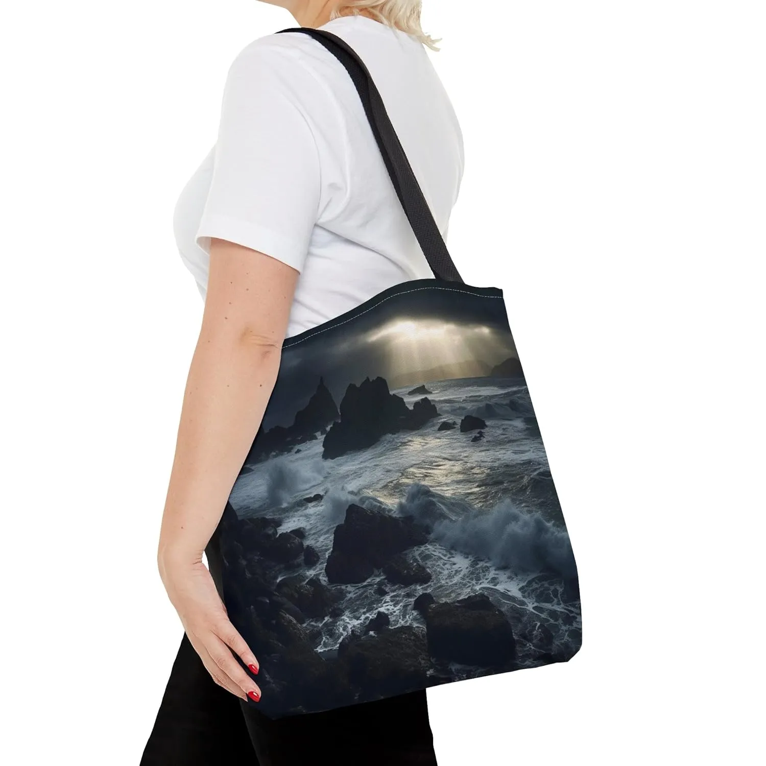 Coastal Chic: The Sea's Embrace Tote Bag | Dramatic Seascape Art Fashionable Stylish Accessory | Spacious Canvas Day Shop Carryall Bag Medium