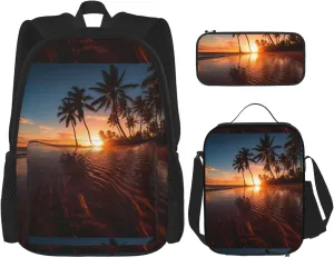 Coconut Sunset Print Unisex Stylish Travel Backpack Set With Insulated Lunch Bag,Adjustable Straps