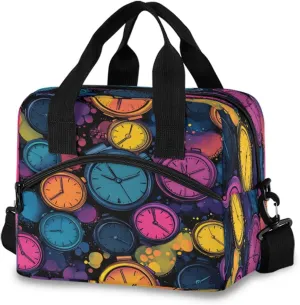 Colorful Alarm Clock Pattern Lunch Box for Men Women Adults Insulated Lunch Bag Cooler Bag with Adjustable Shoulder Strap for Work Picnic Travel