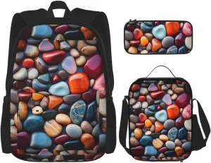 Colorful Cobbles Print Unisex Stylish Travel Backpack Set With Insulated Lunch Bag,Adjustable Straps