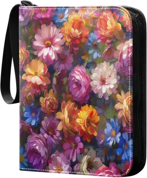 Colorful Painting Flowers Card Binder 4-Pocket, 400 Pockets Trading Cards Holder Games Card Albums Storage Organizer Case for Football, Baseball Cards