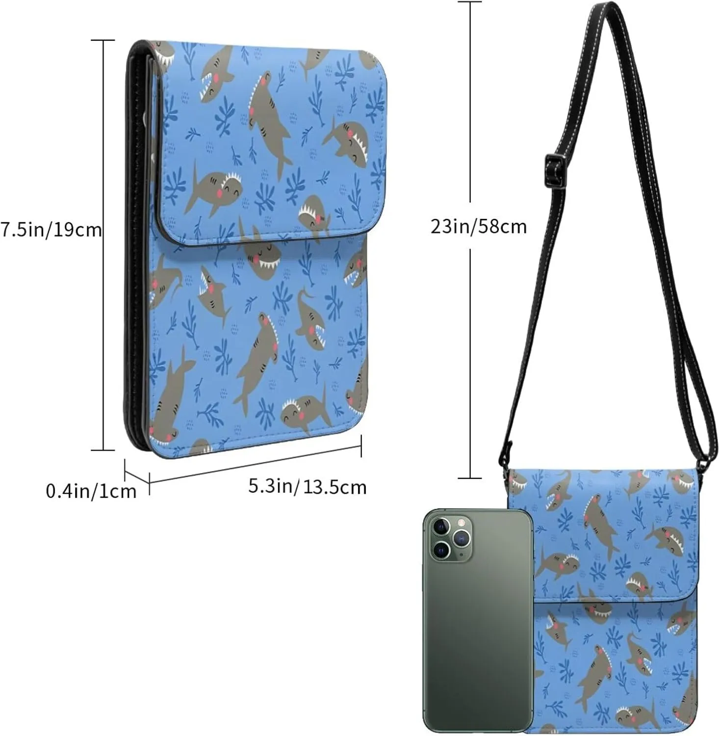 Colorful shark Leather Crossbody Phone Purse for Women Cute Wallet Bags Lightweight Mini Sling Bag