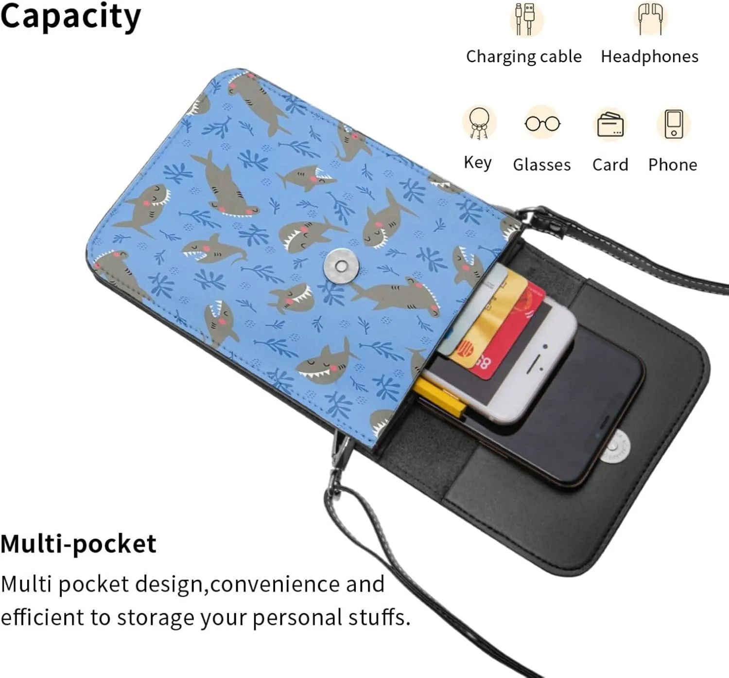 Colorful shark Leather Crossbody Phone Purse for Women Cute Wallet Bags Lightweight Mini Sling Bag