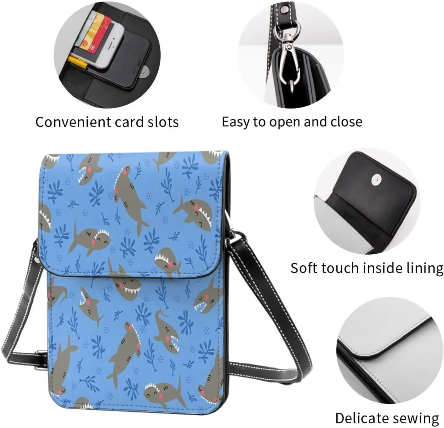 Colorful shark Leather Crossbody Phone Purse for Women Cute Wallet Bags Lightweight Mini Sling Bag