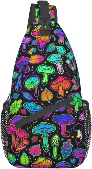 Colorful Trippy Mushroom Sling Bag for Women Mens Crossbody Backpack Casual Hiking Daypack Chest Shoulder Bag with Adjustable Strap