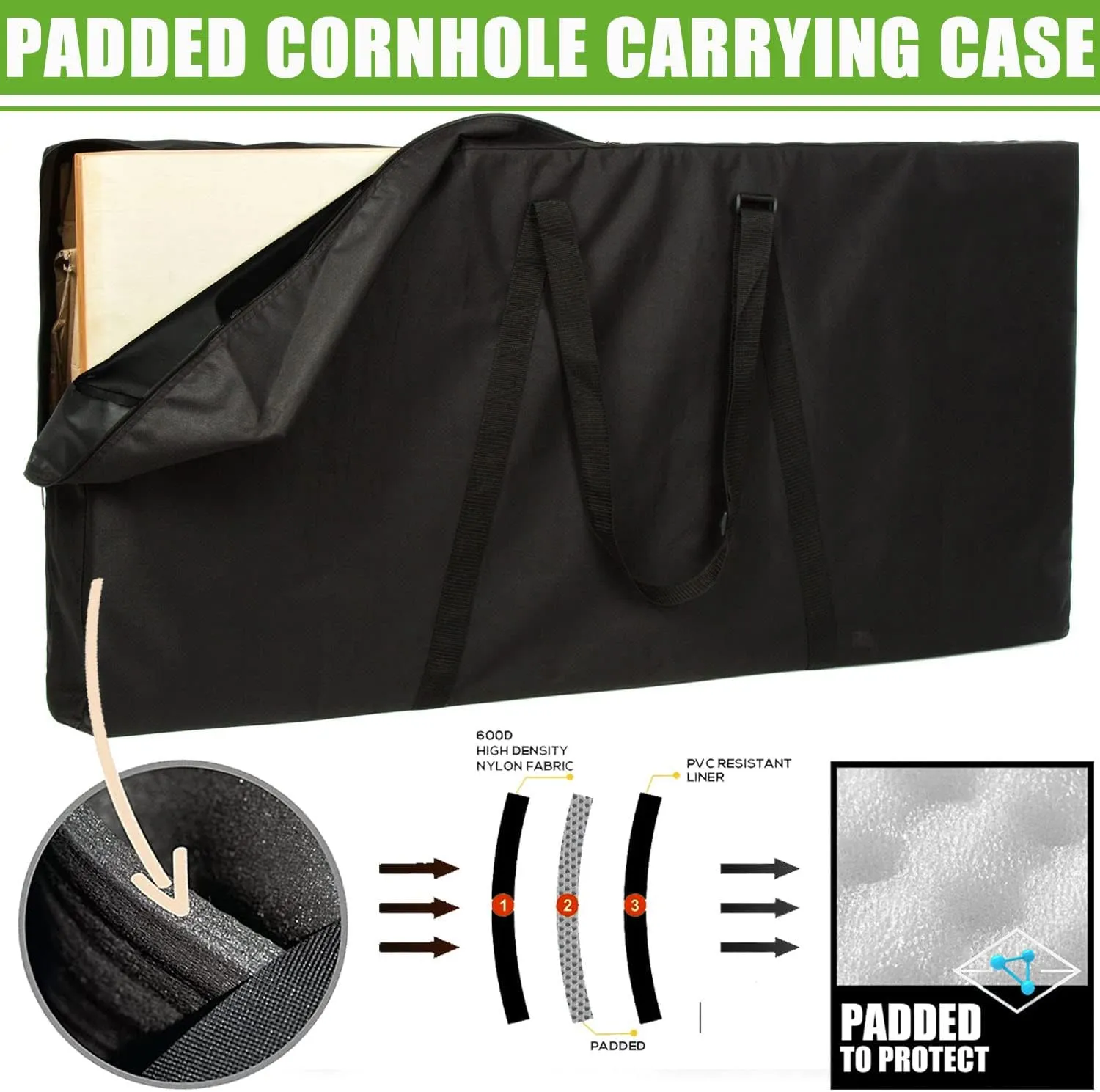 Cornhole Carrying Case for Cornhole Boards with Protective Padded Foam and Adjustable Shoulder Strap. (DK BLK, 4' x 2' Padded Cornhole carrying Case)