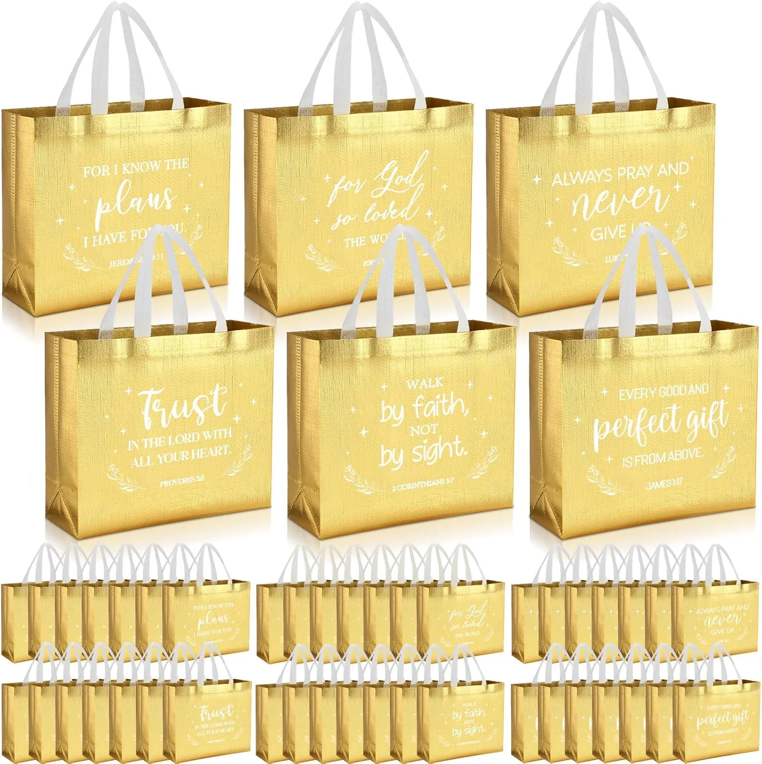 Cosblank 48 Pcs 16" Father's Day Christian Gift Bags Bulk with Handle Large Religious Gift Bags Bible Verse Baptism Tote Reusable Church Welcome Visitors Non Woven for Sunday School Family(Gold)