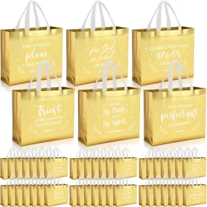 Cosblank 48 Pcs 16" Father's Day Christian Gift Bags Bulk with Handle Large Religious Gift Bags Bible Verse Baptism Tote Reusable Church Welcome Visitors Non Woven for Sunday School Family(Gold)